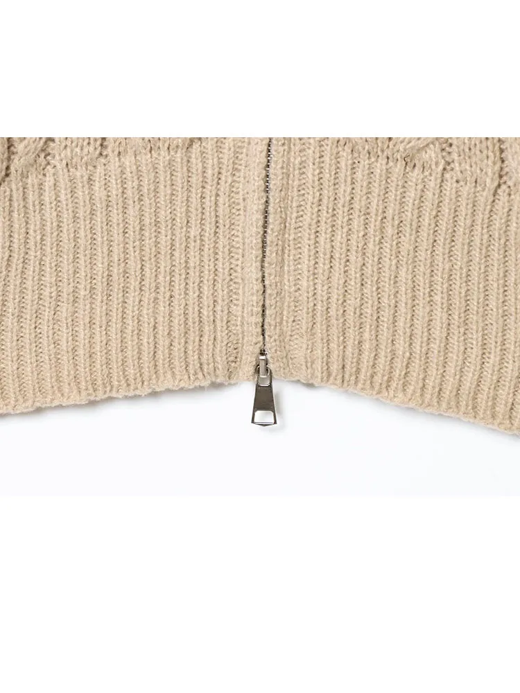 HH Women Autumn New Fashion Lazy Style Zipper Stand Collar Twist Knitted Cardigan Female Versatile Warm Long Sleeve Sweater