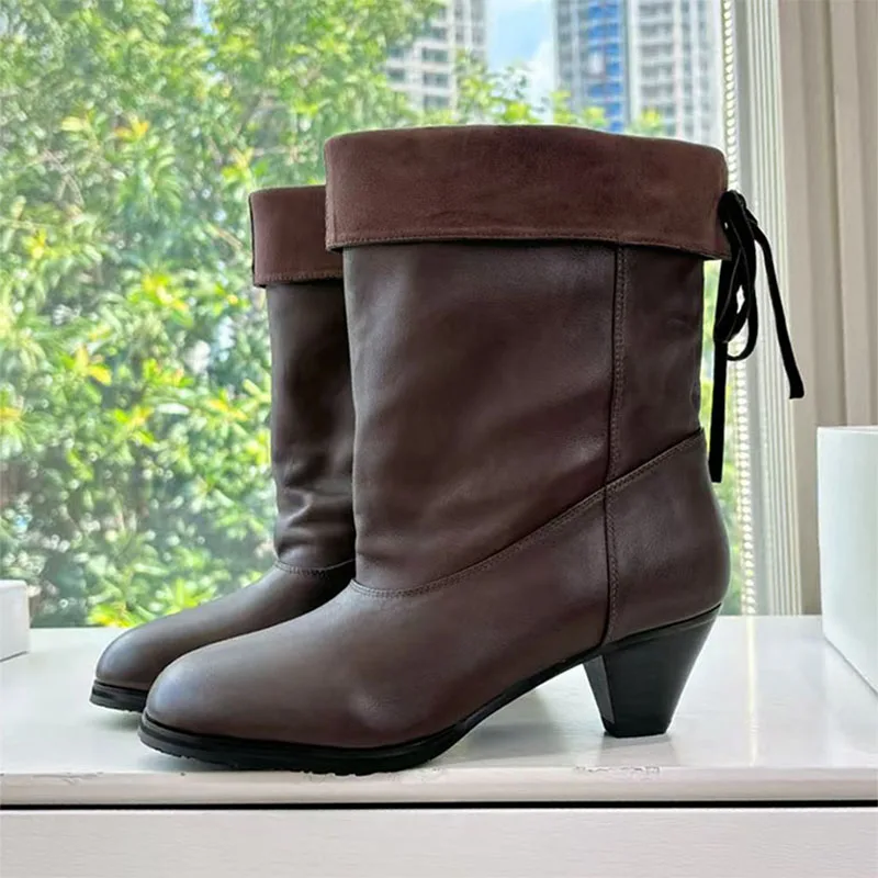 

Качественные современные ботинки до середины икры, женские ботинки из натуральной кожи на квадратном каблуке, черные, коричневые, повседневные женские ботинки на среднем каблуке в уличном стиле