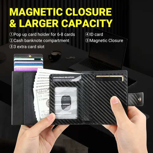 Imagen 2 del producto Tarjetero de aluminio para hombre: cartera delgada con bolsillo frontal con bloqueo RFID y ventana de identificación emergente, ranura para efectivo y bolsillo para monedas |   Contiene 12 tarjetas