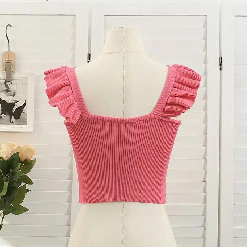 Women Crop Knitted Tops Bow Tie Up Solid Color Tank Top Femme Ropa Mujer Elastic Backless Vintage Korean Style Camisole