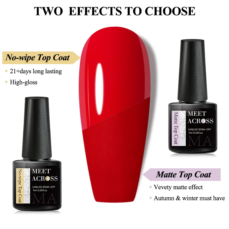 MEET ACROSS 7ml Base No-wipe Matte Top Coat Żelowy lakier do paznokci Długotrwały, funkcjonalny żel UV Vernis Nail Art Manicure Tools Design