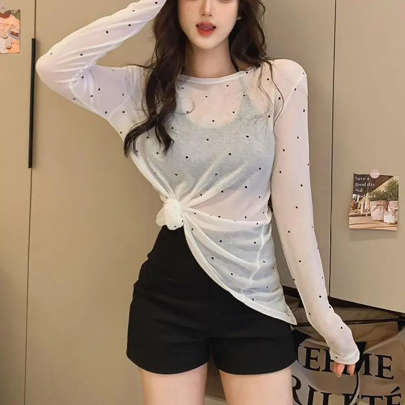 Summer New Polka Dot Long Sleeve T-Shirt Women Thin Micro Translucent Sunshade Two-Way Wear Lazy Style Top Casual Style