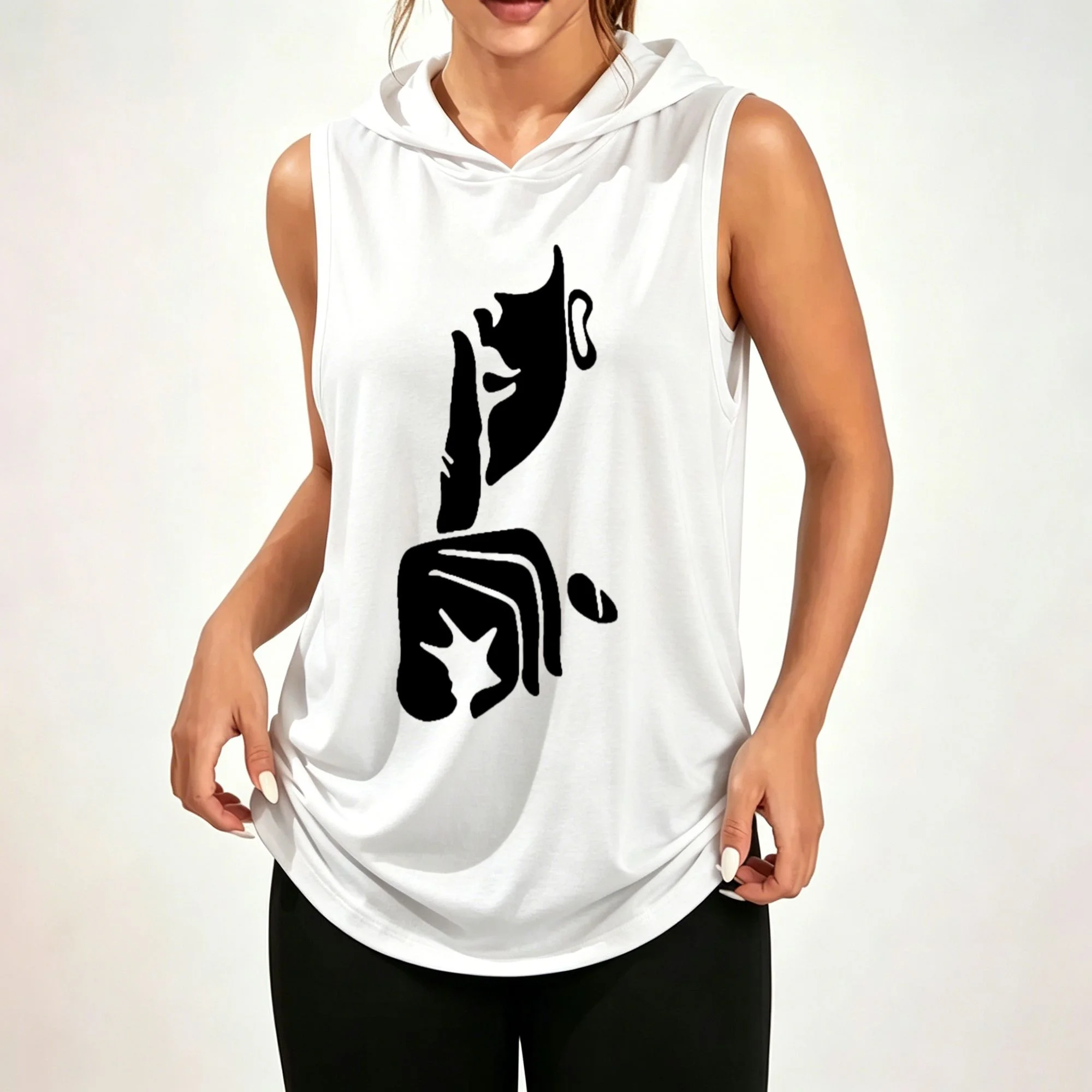 Loose-fit sleeveless hoodie featuring an abstract side-profile portrait and palm-with-star print; a unique, casual, unisex oversized athletic top. view 3