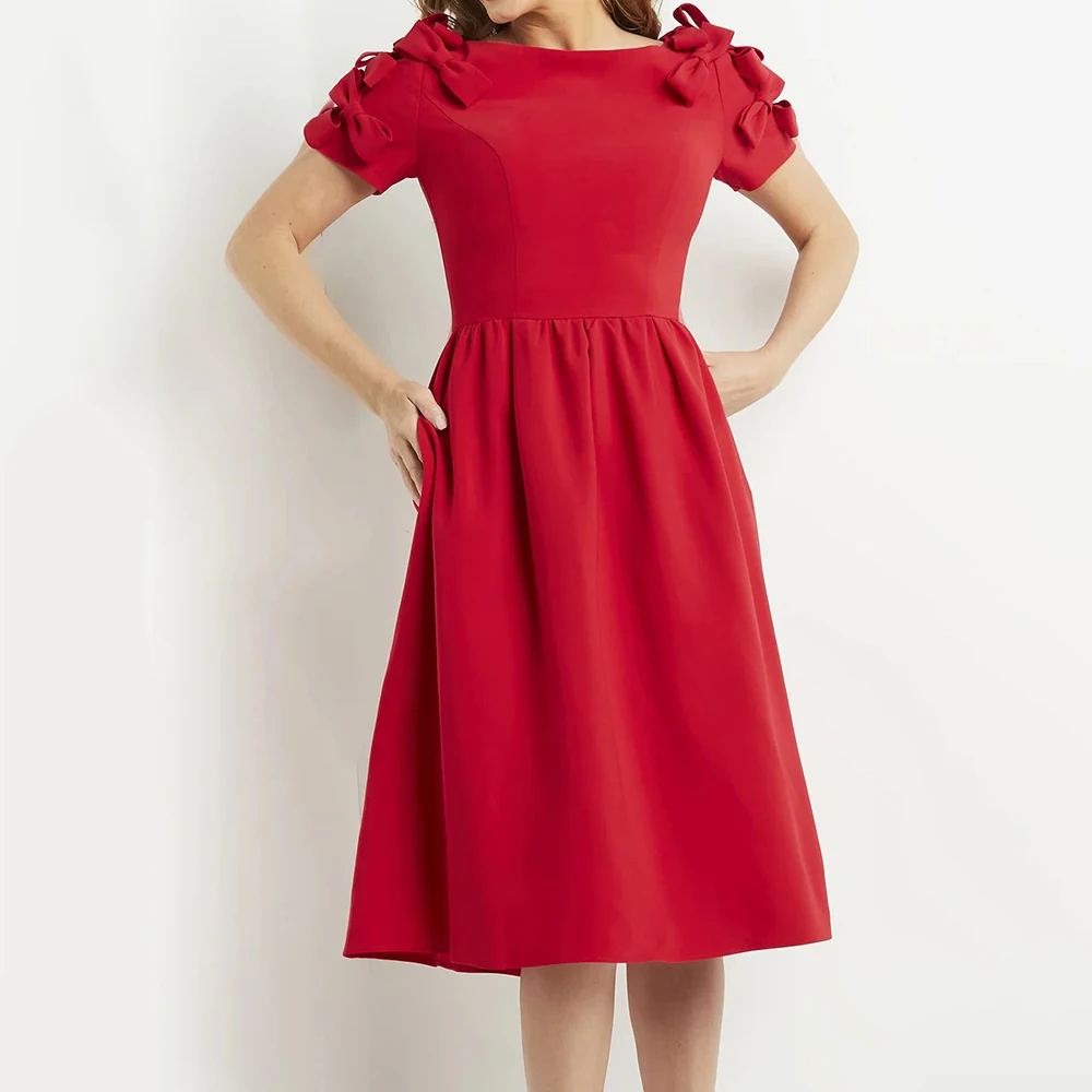 فساتين سهرة مخصصة على شكل حرف A بطول الشاي ورقبة قارب وأكمام قصيرة فستان حفلات أنيق بفيونكة بسيطة ثنيات كاجوال للحفلات #1