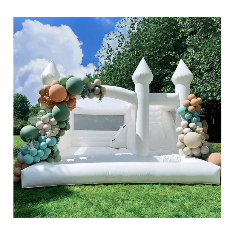 Commercial inflatable bounce house with slide, bounce house white wedding inflatable castle with ball pit