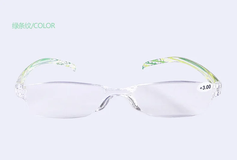 +1,0 ~ +4,0 Tragbare Weitsichtbrille Unisex Ultraleichte Lesebrille Rahmenlose Lesebrille aus Kunstharz mit halbem Rahmen – Detail 12