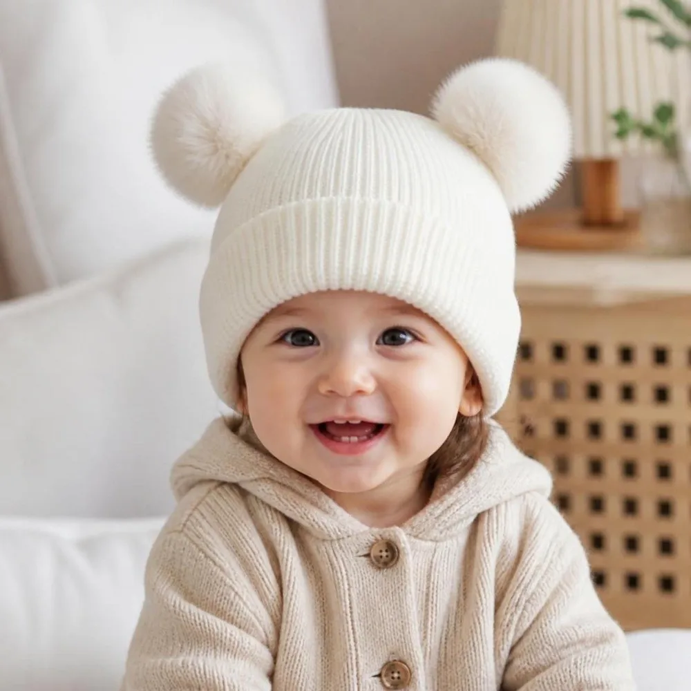 Cute Style Solid Color Baby Knit Hat Pullover Style Plush Ball Infant Bonnet Windproof Warm Newborn Turban Cap Daily Wear