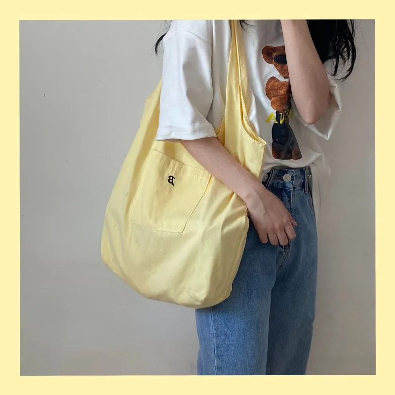 Bolso de hombro de estilo perezoso para la escuela, bolsos de tela de algodón coreano, bolsos de compras de uso de gran capacidad para estudiantes femeninos, versión