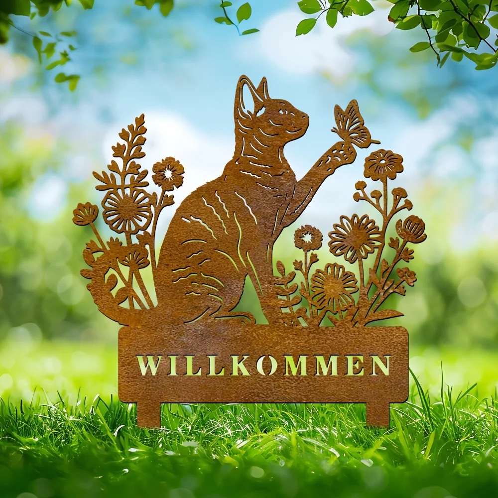 1 piece of garden metal welcome decoration, garden wooden stake cat and flower, garden sculpture, rusty decoration