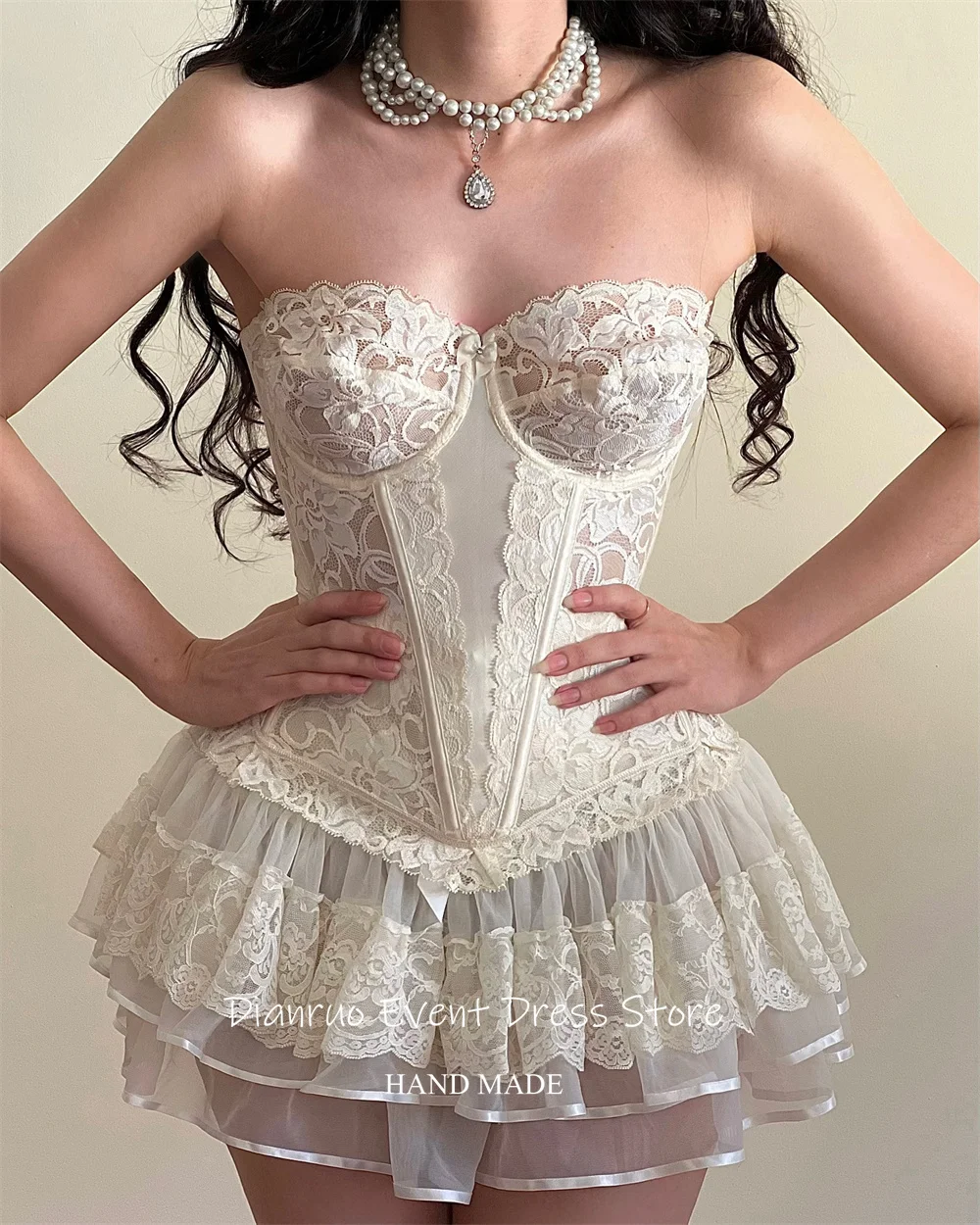 Dianruo kawaii rendas em camadas vestidos de baile uma linha mini vestido de baile querida apliques plissado robes de cocktail personalizado