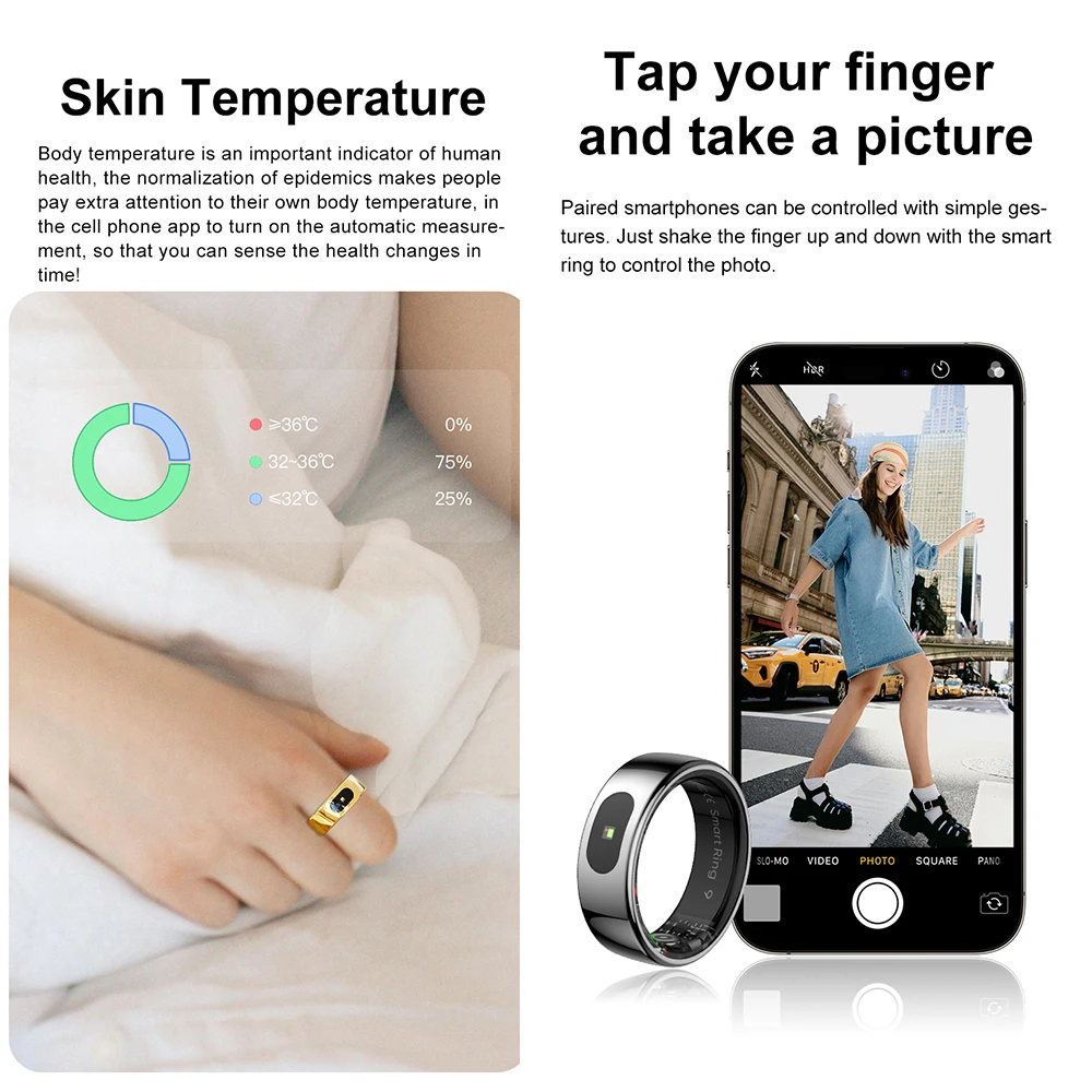 R08 Fitness Tracker แหวนสมาร์ท 5ATM กันน้ําพร้อมไฟแสดงสถานะแผงสัมผัสผู้ชายผู้หญิงสมาร์ทแหวนอุณหภูมิผิว SpO2 แหวน