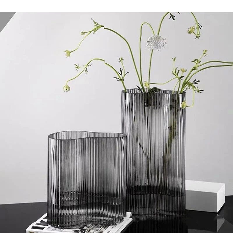 Large Diameter Vertical Grain Glass Vase Hydroponics Flower Pots Decorative Arrangement Desk Decoration Floral Vases