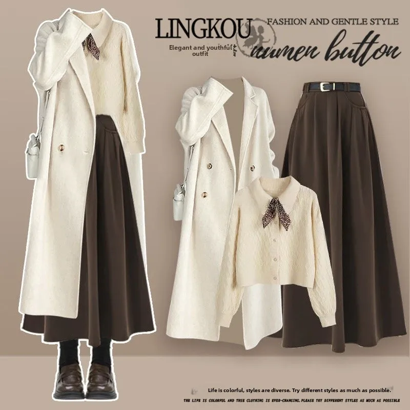 

Вязаный комплект Ele: женская юбка с высокой талией, утягивающая фигуру, и ветровка-пальто. Осенний модный ансамбль высокого качества.