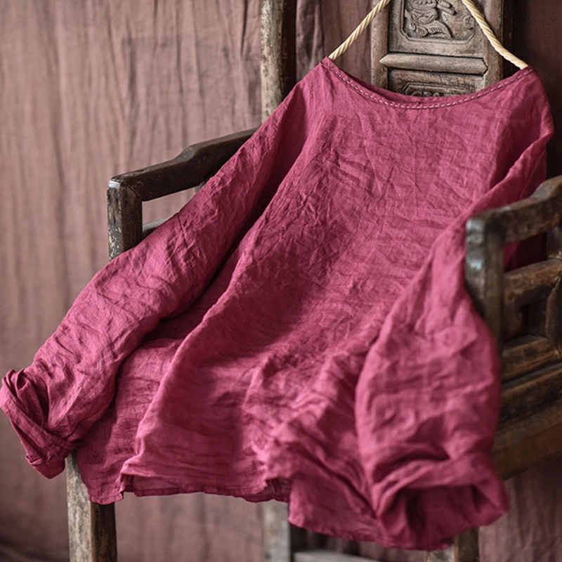 T-shirt in lino a maniche lunghe da donna Nuovo arrivo 2025 Primavera Stile vintage O-Collo Tinta unita Allentato femminile Casual Top Tees T473