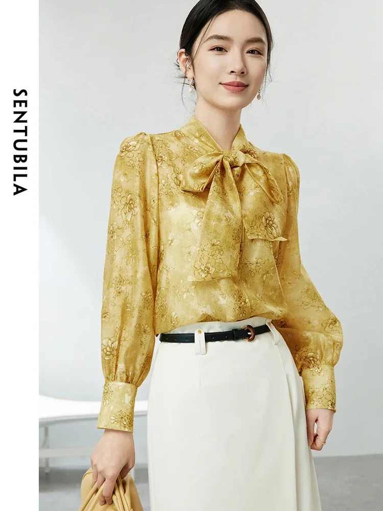 

SENTUBILA Spring Elegant Lace-up Floral Shirts & Blouses Women 2024 Commuter Button Up Loose Long Sleeve Blouse Tops 141C53145