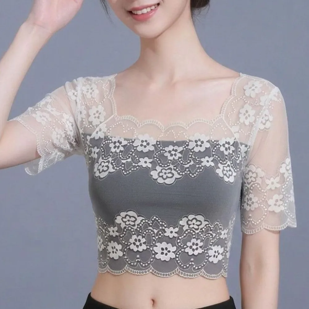 Cool Nylon Lace Short Sleeve Top Thin Light Fabric Short Sleeve Hollow Out Layering Tee Breathable Sling Dress Cover Up Women