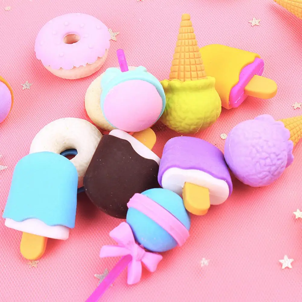 Soft Erasers Student Stationery Cute Food Shape Cartoon Erasers Lollipop Ice Cream Doughnut Safe Kids Toy for Entertainment