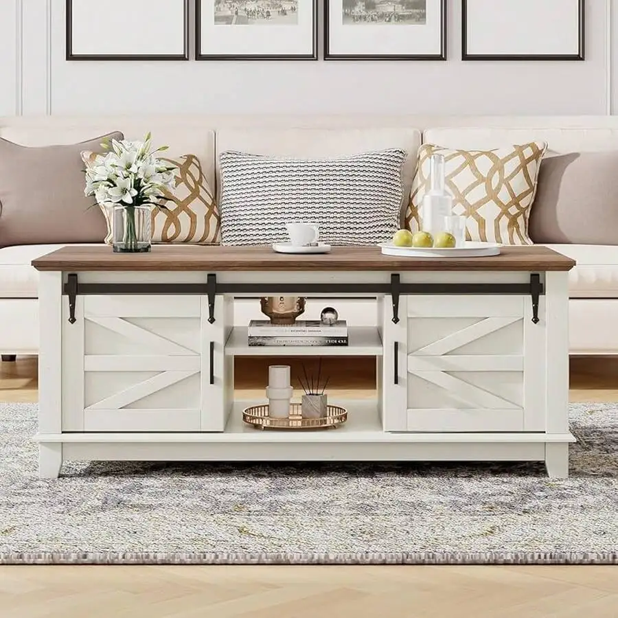 Farmhouse Coffee Table With Sliding Barn Doors And Storage Cabinet, 48'' Modern Center Table With Adjustable Shelves, Stylish Co