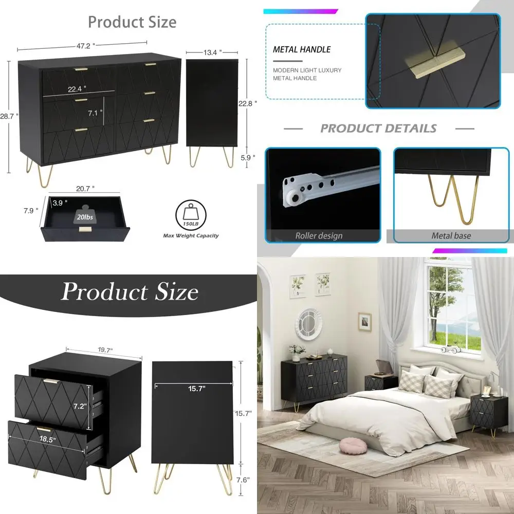 

Комплект мебели для спальни из 3 предметов: комод с 2 ящиками и прикроватная тумбочка, черный цвет