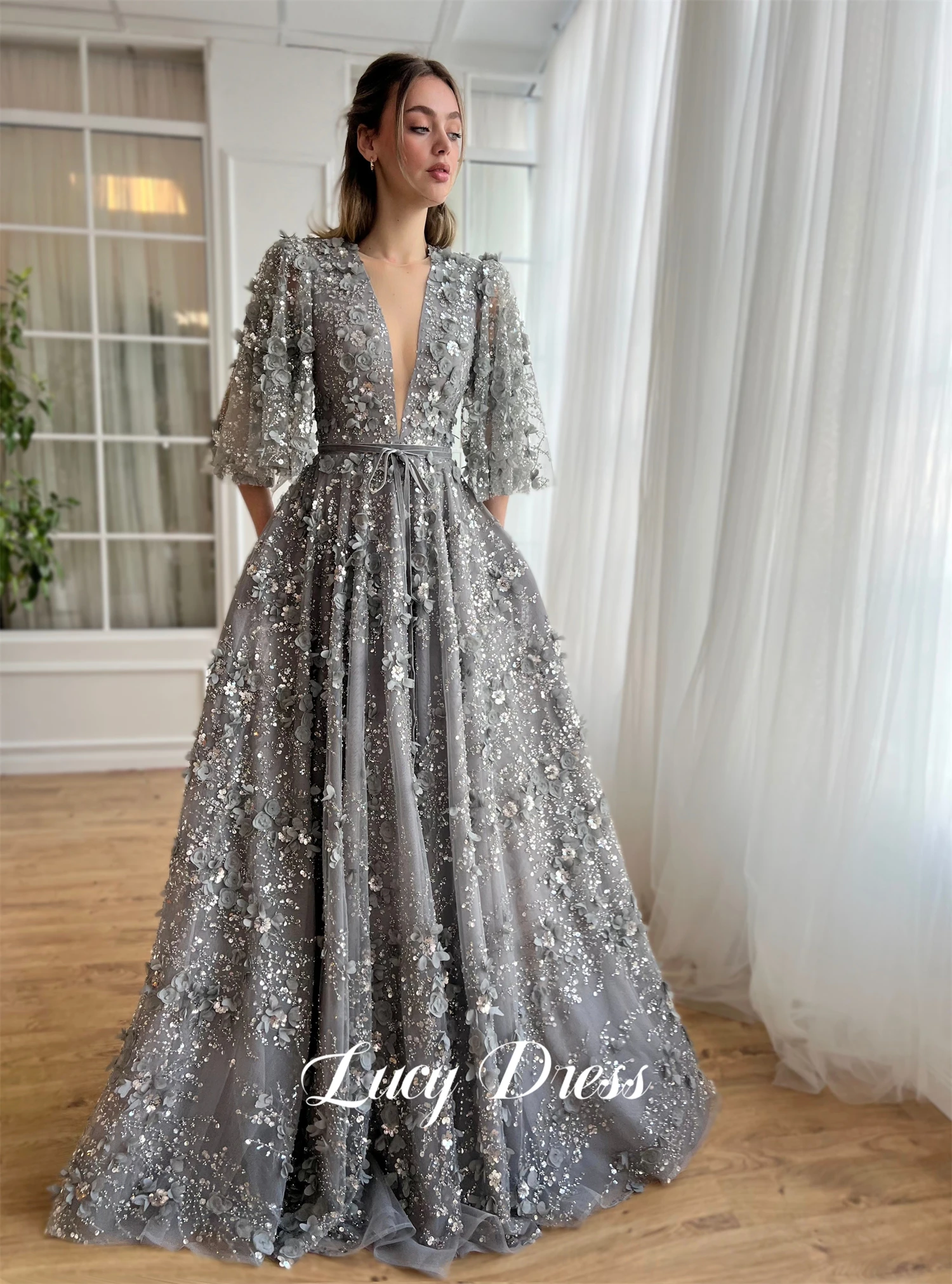 Wedding Party Ball Gown Grey Evening Dress Graduation V-neck Elegant Dresses for Ladies Evones Prom Deess Long Gala Customized