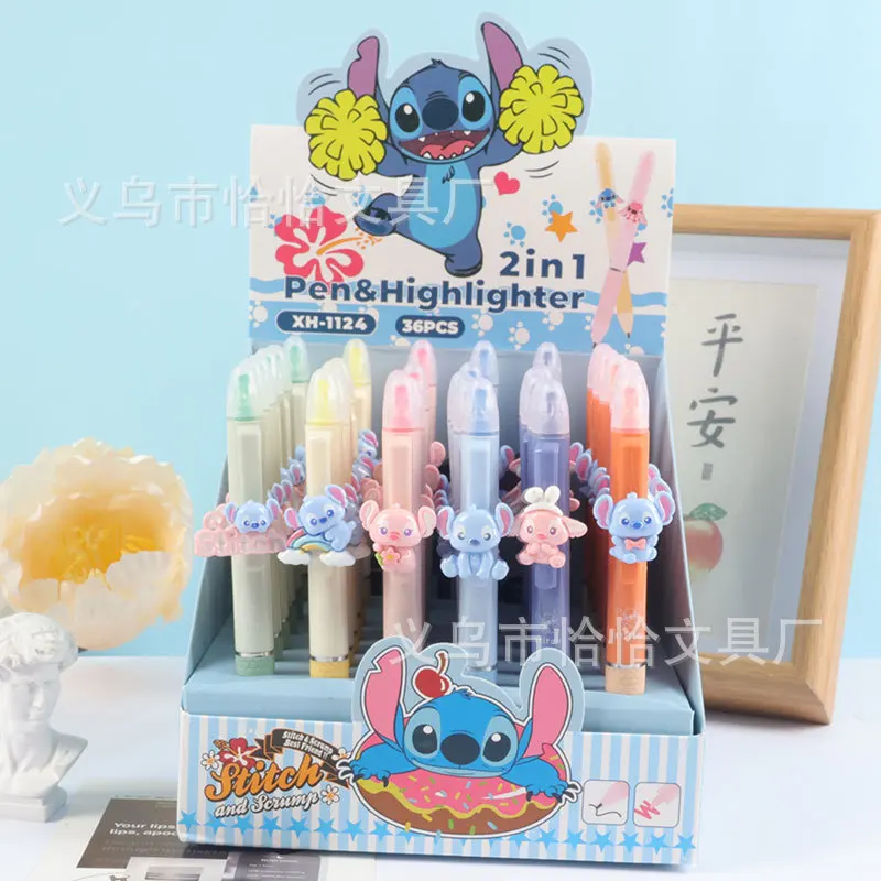 6/36pcs Disney Lilo And Stitch Gel Pen Highlighter Two-In-One Cartoon Patch Double-Ended Pen 0.5 Student Black Key Marker Pen