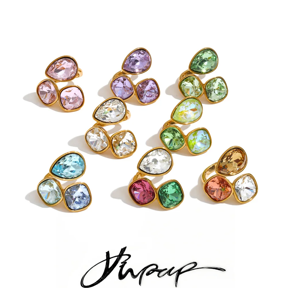 Yhpup 2026 Multi Color K9 Crystal Square Adjustable Ring for Women 18K Gold Color PVD Plated Shiny Exquisite Jewelry