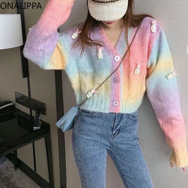 Onalippa Rainbow Color Contrast Sweet Knitted Cropped Cardigan Three Dimensional Rabbits Cardigans Slouchy Style Loose Sweater