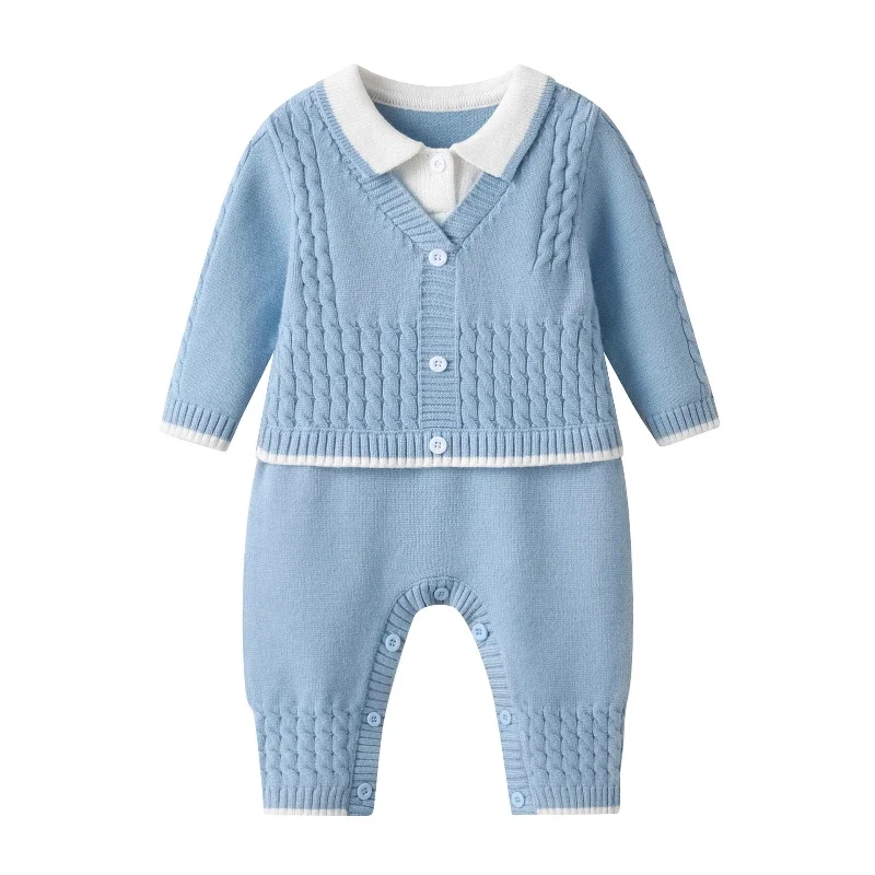 

2024 Baby Sweater Clothes Boys' Korean-Style Blue Fake Two-Piece Twist Knitted Climbing Suit Newborn Autumn and Winter Costume