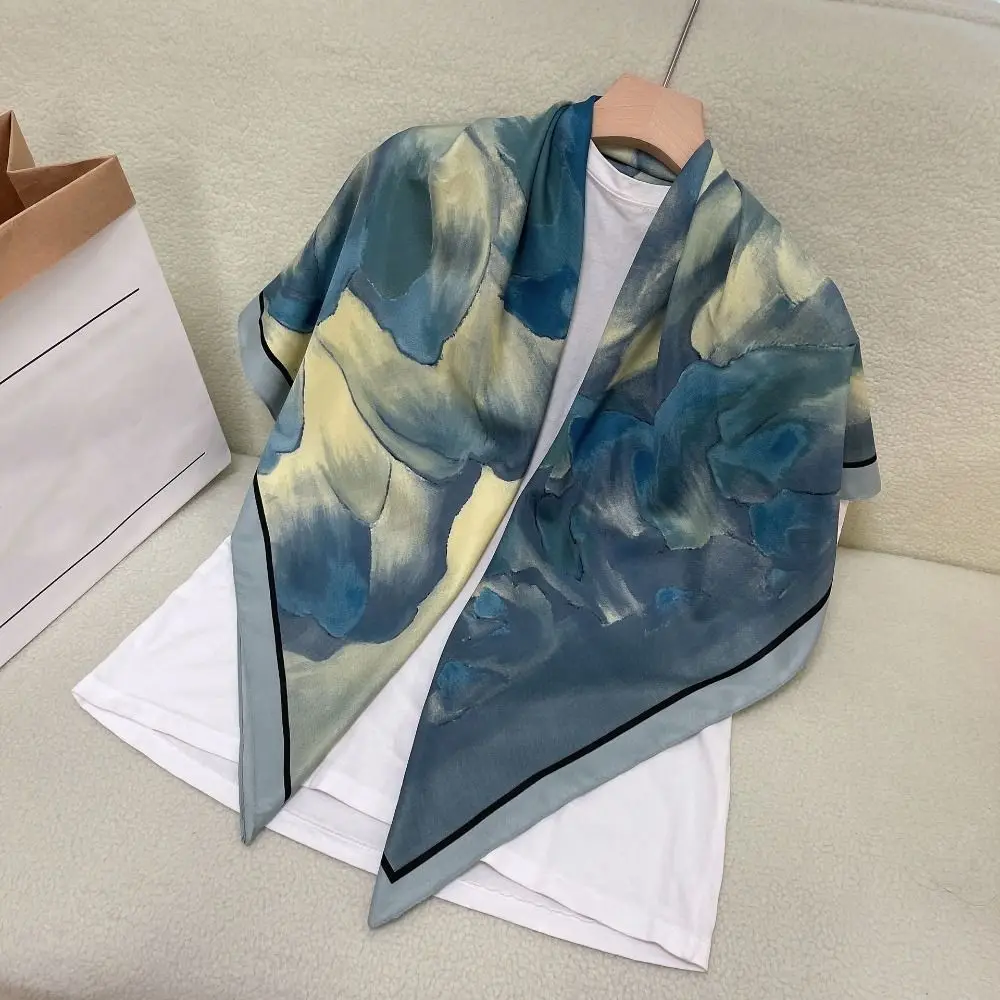

110cm Large Square Headscarf Sunscreen Shawl Ink Wash Printing Head Neck Scarf Beach All-match Bag Decoration Autumn