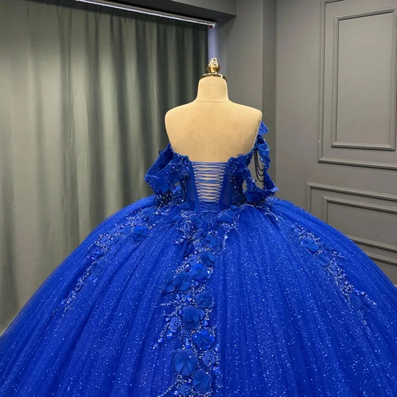 Shiny royal blue Quinceanera Dress crystal Glitter 3D Flower Decal off-shoulder Long tail Vestidos De 15 Quinceanera ﻿Customize