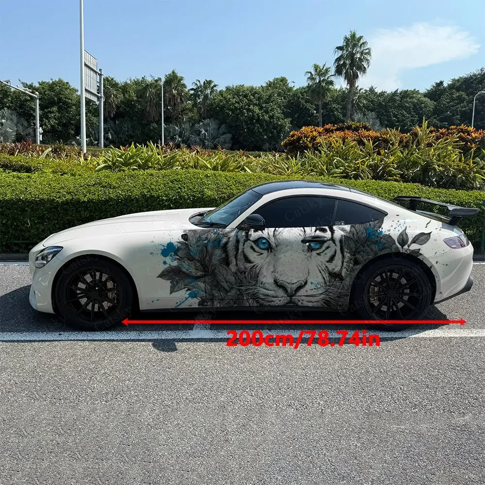 2pcs Forest White Tiger Sticker, Durable, Fade-resistant, Enhance The Beauty Of Your Vehicle Bold Art Design Car Vinyl Wrap