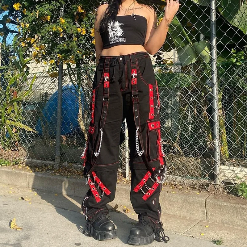 

New Punk Unisex Cargo Wide Leg Pants Chain Bandage Ruched Tie Capris Pants Women Gothic Baggy Trousers BF Hippie Grunge Jogger