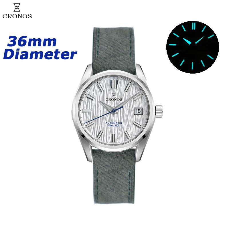 Cronos Herenhorloge 36mm Automatisch PT5000 Miyota 9015 uurwerk Polshorloges Witte wijzerplaat Berkenpatroon Saffier 10 ATM L6048M