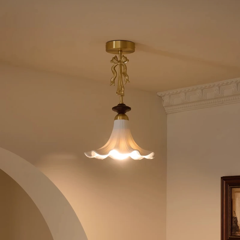 French Medieval Flower Shape Ceiling Light Hallway Foyer Balcony Entrance Hall Retro All Copper Walnut Wood Ceiling Hanging Lamp
