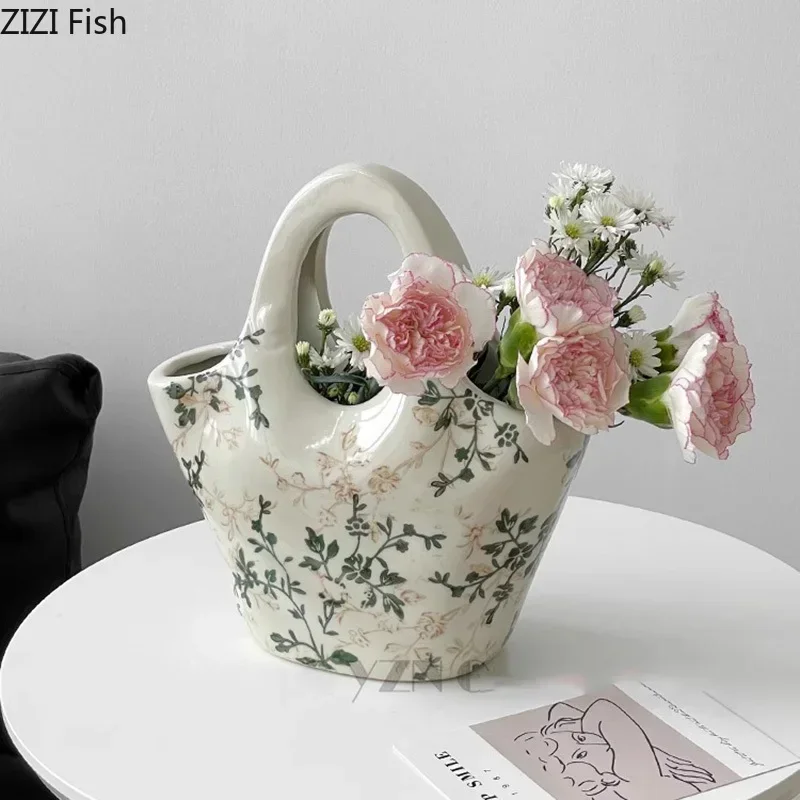 Flower Texture Ceramic Vase Handbag Shaped Flower Pots Desk Decoration Flower Arrangement Floral Vases Room Aesthetic Decor