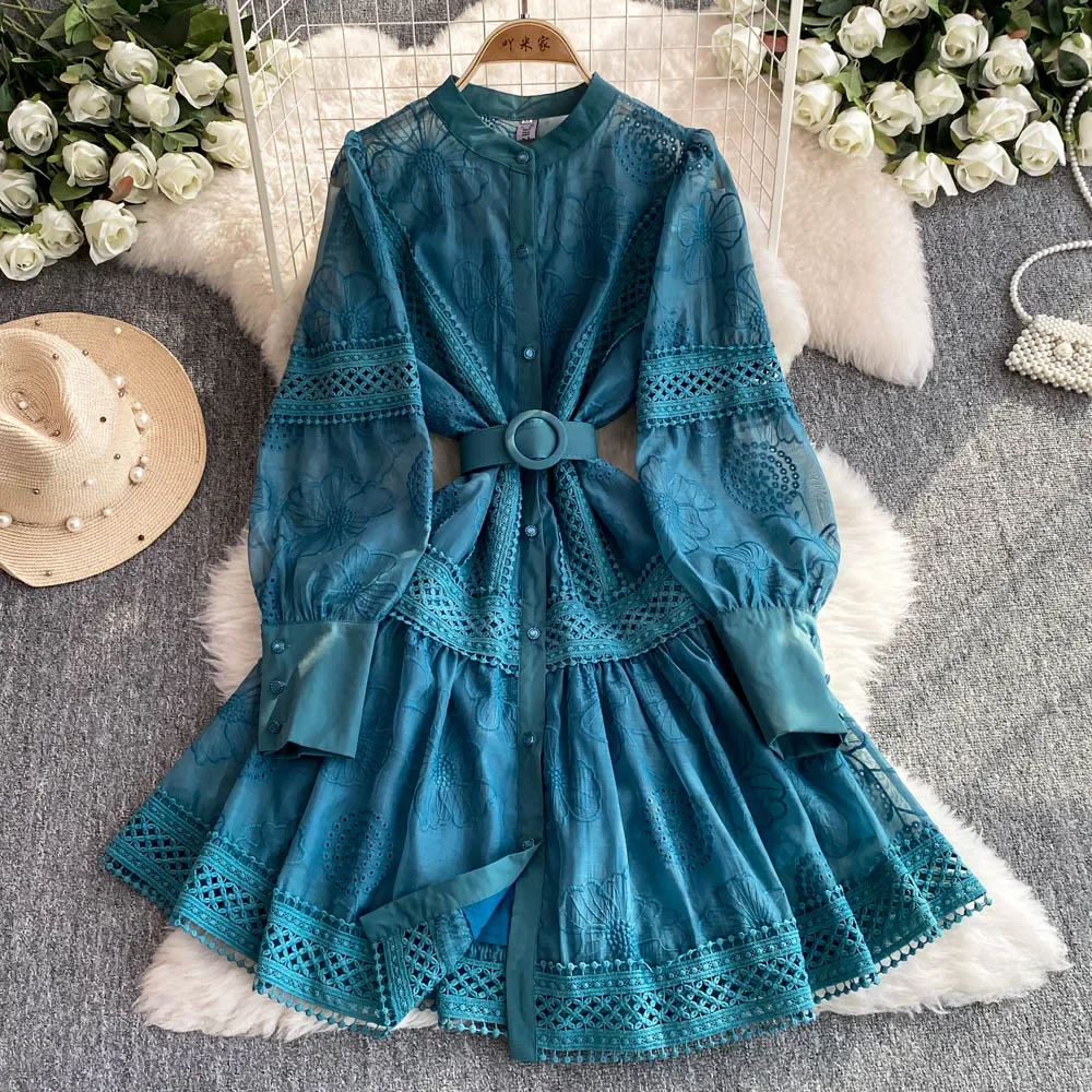 

Elegant Lace Spliced Casual Lantern Sleeve Chic Single Breasted Sashes Dresses Vintage Korean Evening Slim Women Autumn Clothing