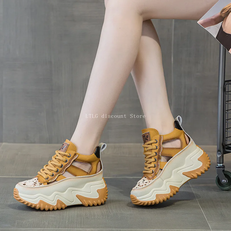 Women Elevator Shoes Mesh Genuine Leather Sneaker Platform Chunky Sneakers White Vulcanize Summer Hidden Heels Breathable