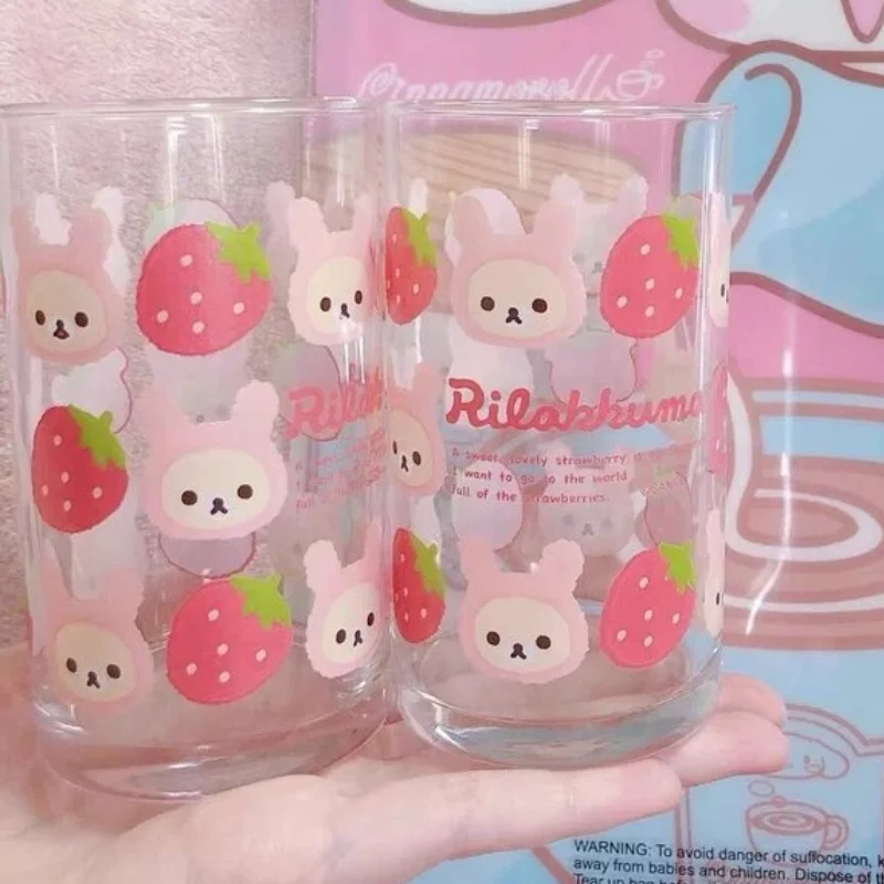 Rilakkuma Glass Cup Cute Cartoon Strawberry Transparent Drinking Cup For Coffee Milk Juice Daily Home Use For Adults