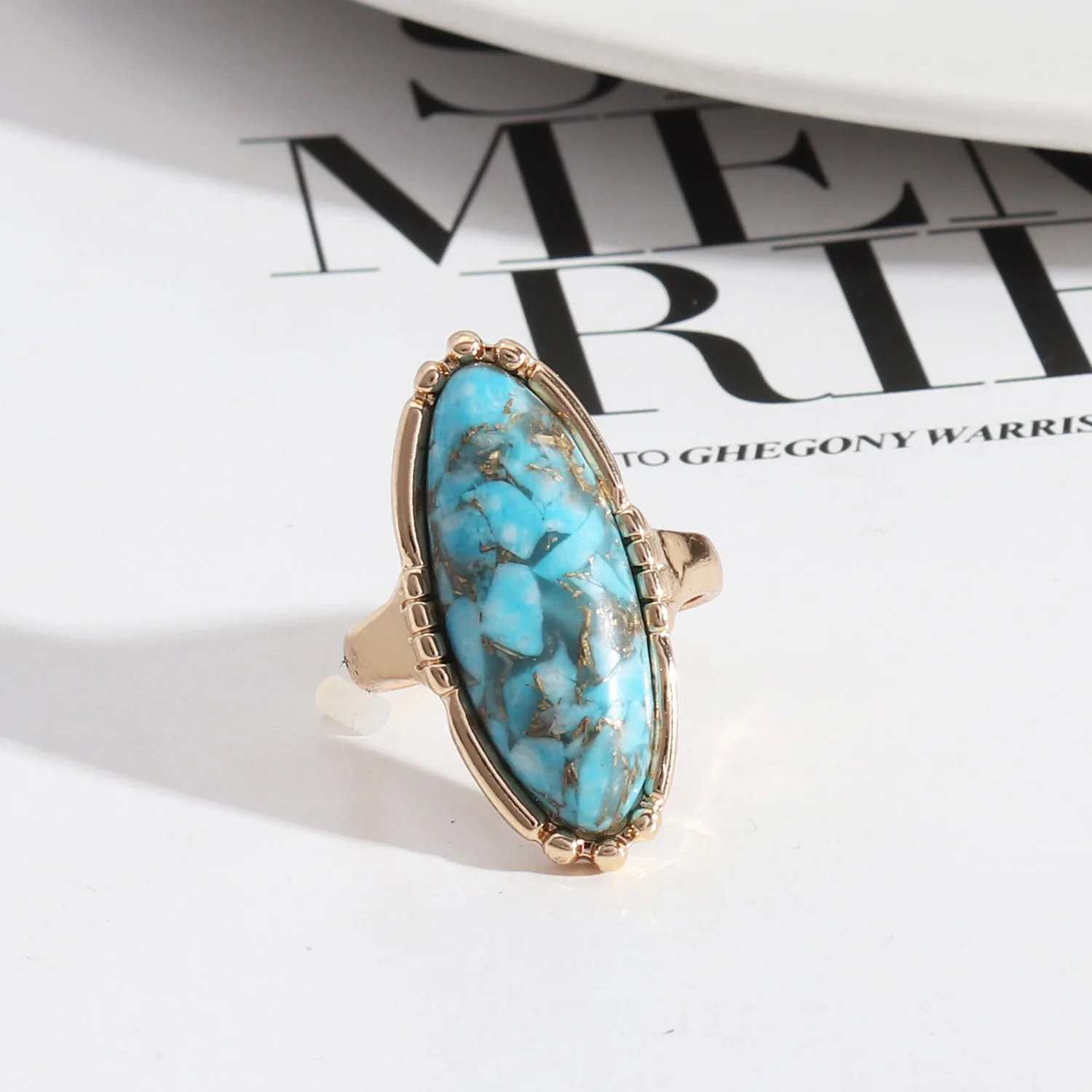 Gold Oval Turquoises Lapis Lazuli Blue Natural Stone Rings Fashion Inner Dia 1.7cm Gold Color Band Jewelry for Women