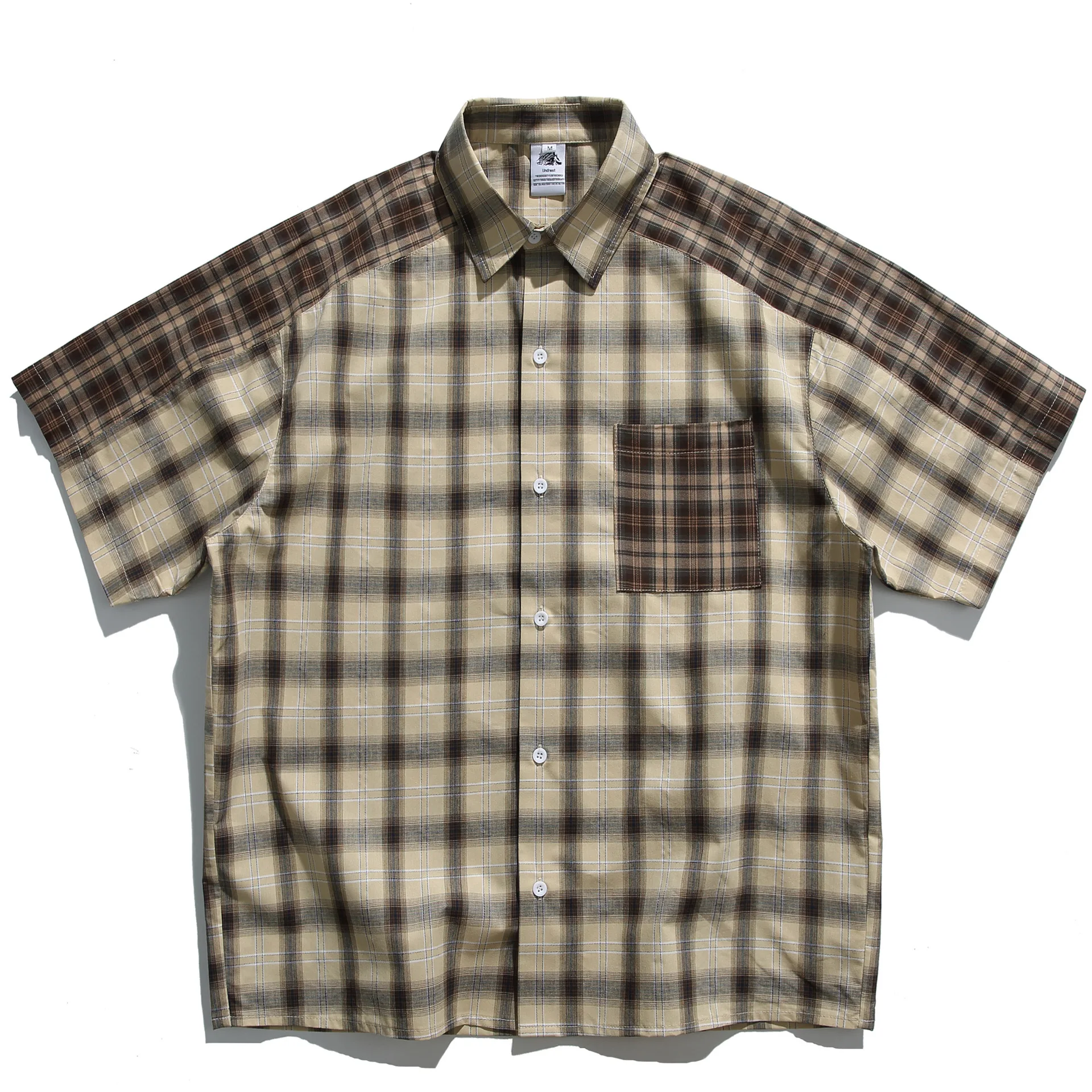 

2026 Japanese Retro Harajuku Style Contrasting Color Patchwork Plaid Short Sleeved Shirt for Men and Women Loose Workwear Shirt