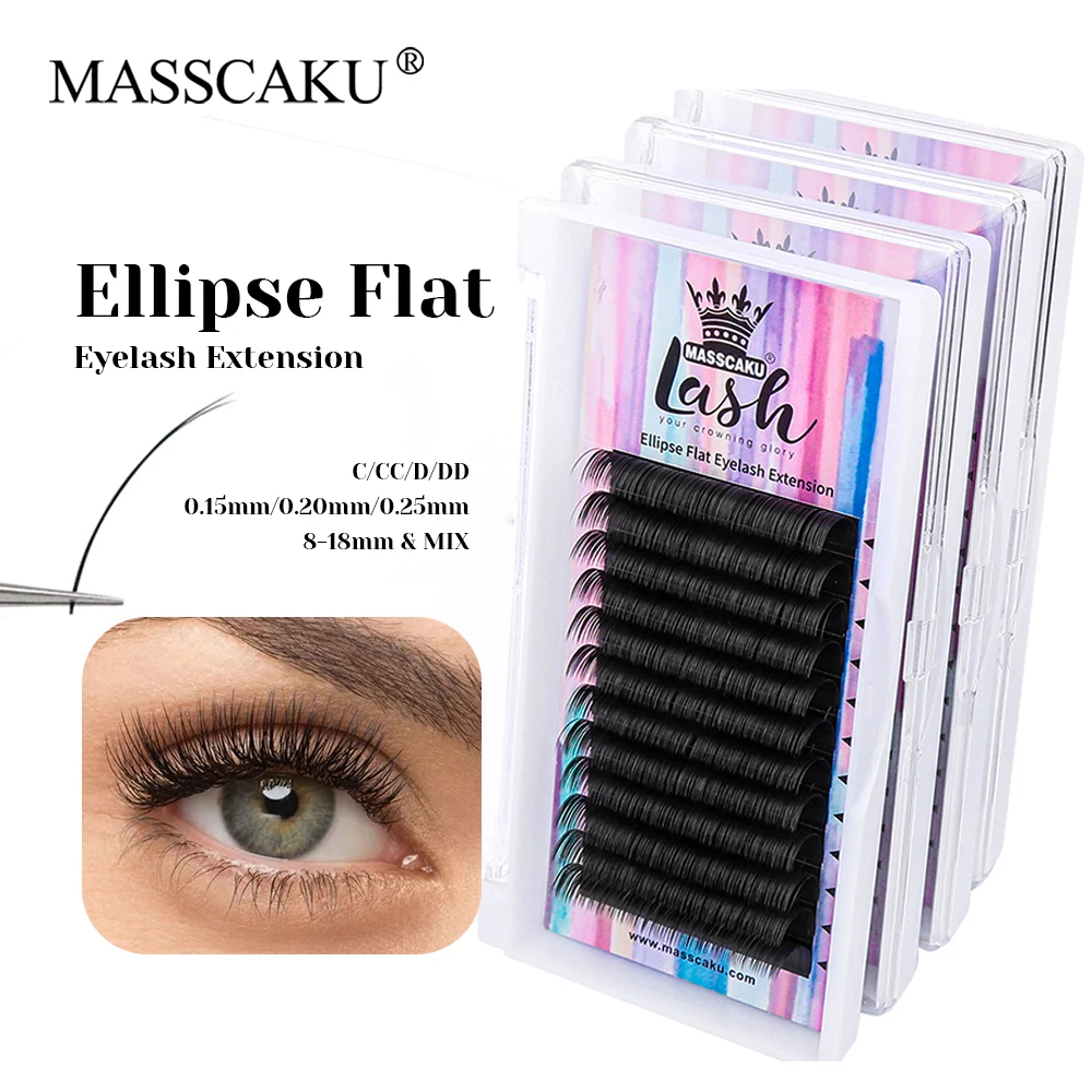 12 Lines MASSCAKU 0.15/0.20/0.25mm Thickness Two Split Tips Shaped Eyelash Matte Dark Black Ellipse Flat Eyelashes Makeup Tools