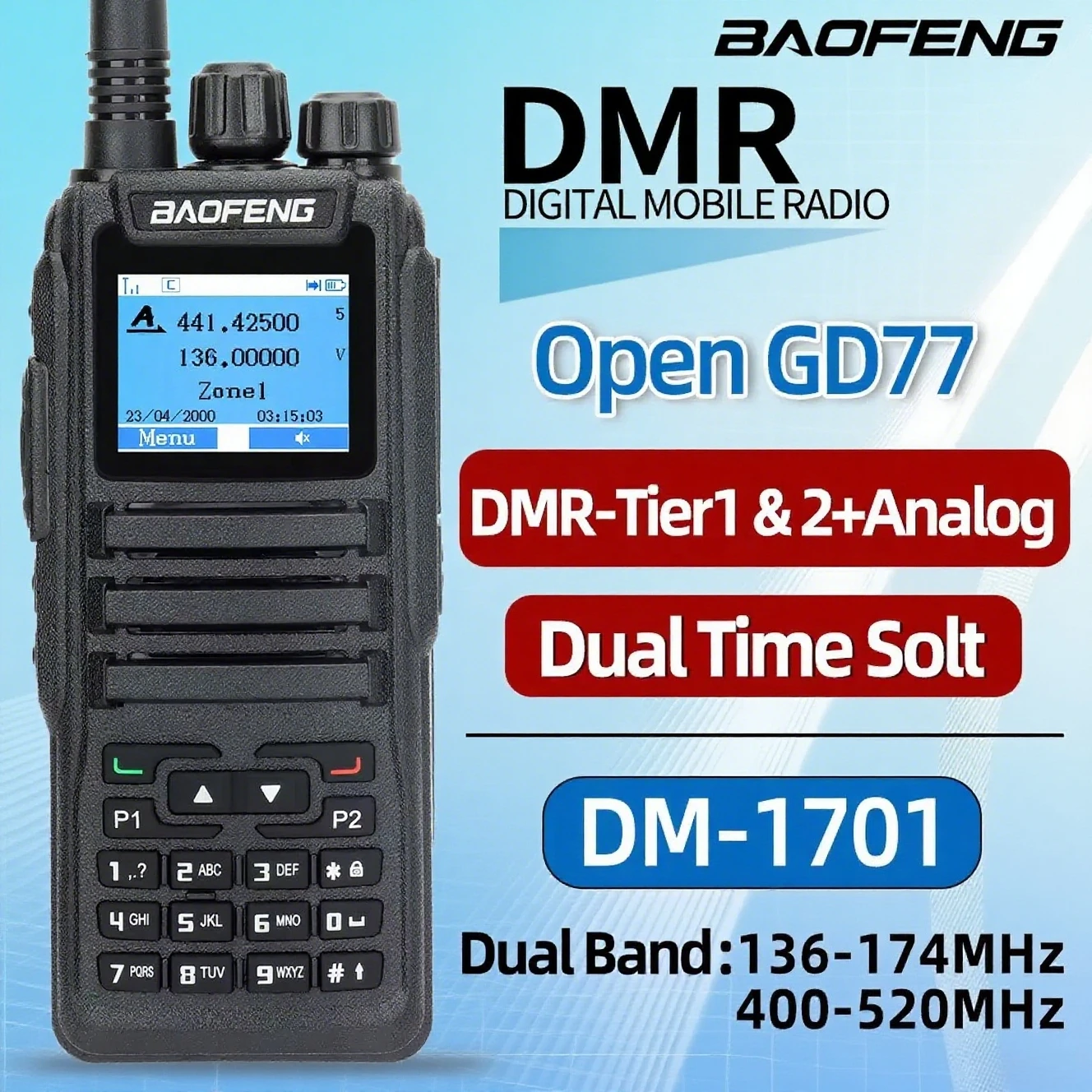Baofeng DM1701 Digital Walkie Talkie Dual Mode Analog Two Way Radio Open GD77 Dual Time Slot Tier 1+2 Hunting camping Ham Radio
