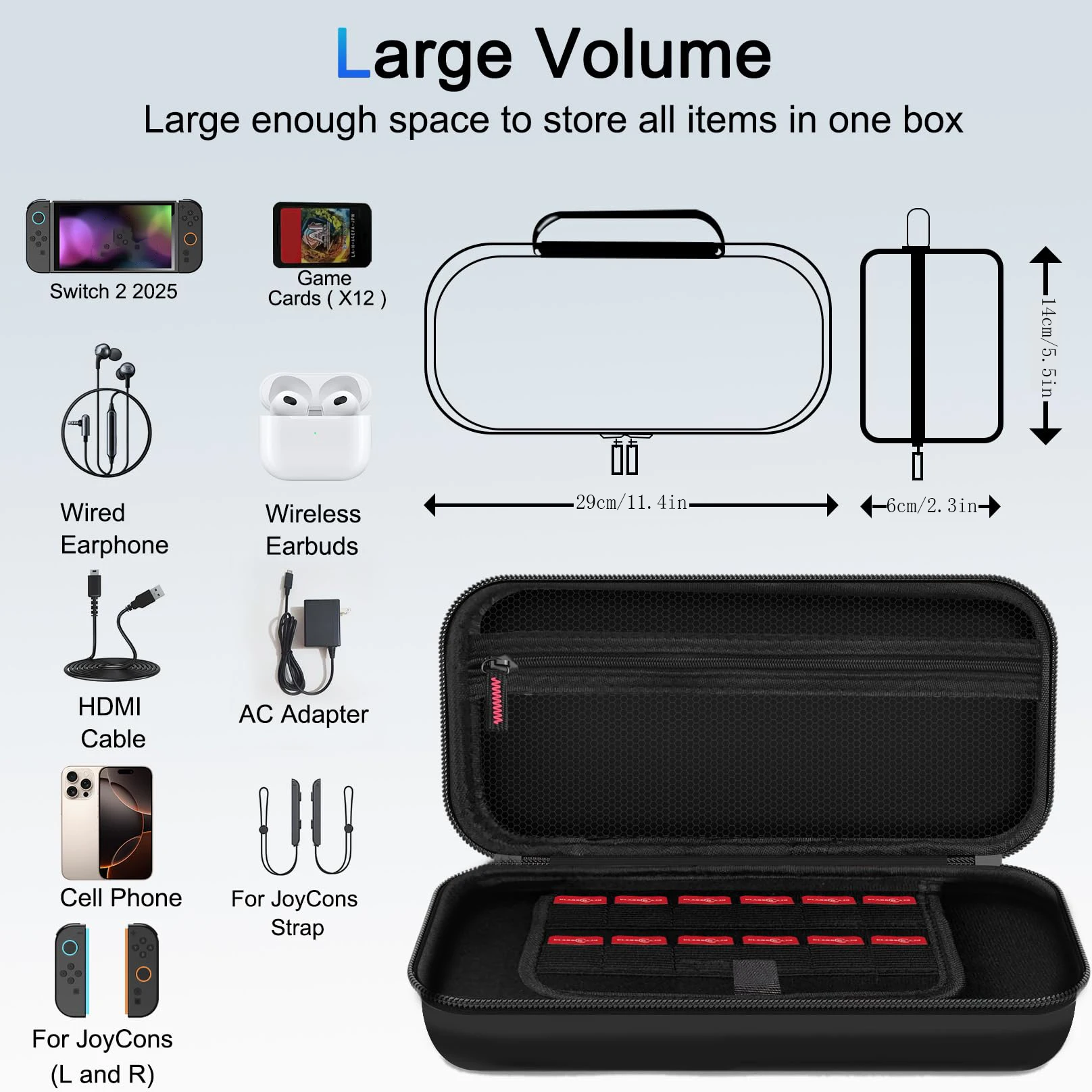Travel Carrying Case for Switch 2 2025, Large Volume Accessories Bundle Holder, 2 Screen Protector with 12 Game Cards, Black