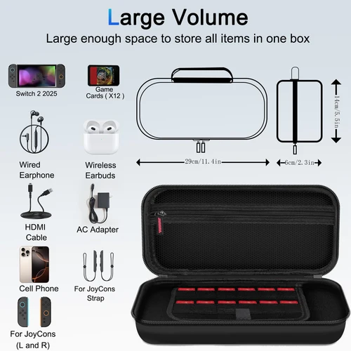 Imagen 2 del producto Estuche de transporte de viaje para Switch 2 2025, soporte para paquete de accesorios de gran volumen, 2 protectores de pantalla con 12 tarjetas de juego, negro