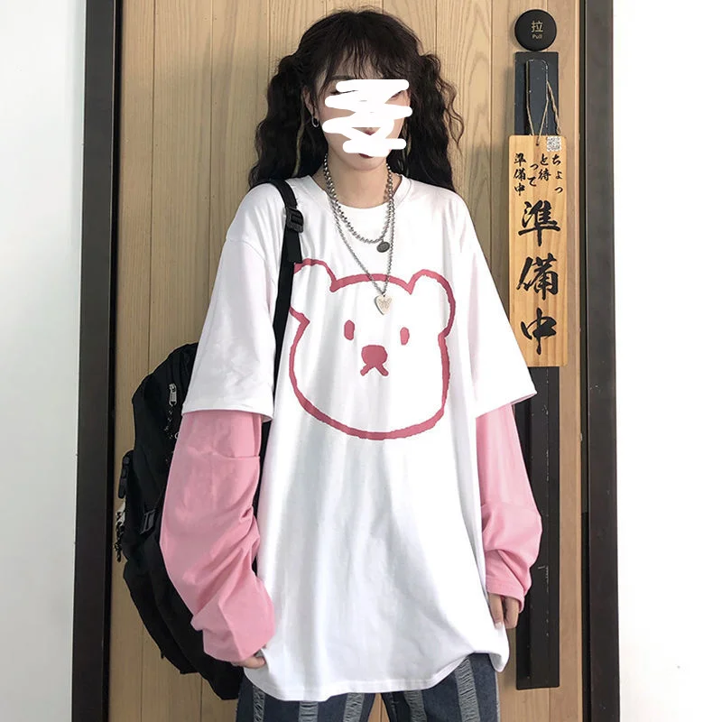 Harajuku Kpop Bear Patchwork Fake Two Pieces T-shirts Women Preppy Style Streetwear Oversize Pullover Hippie Casual Tee