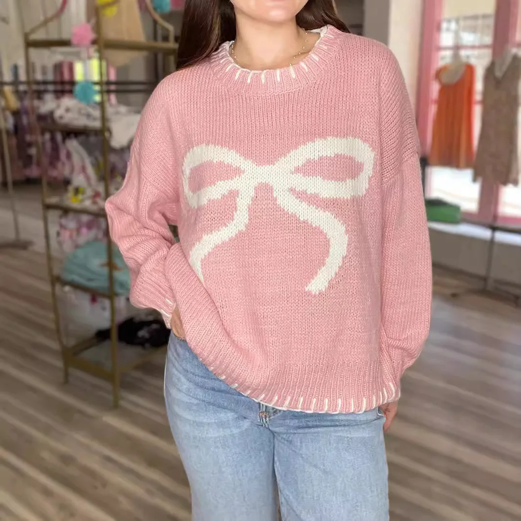 

Элегантный уличный пуловер, осень-зима 2025 года, женские вязаные свитера с принтом и бантом, свободный свитер с длинными рукавами и круглым вырезом
