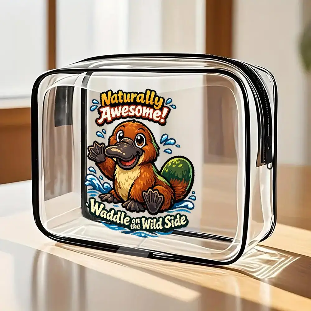Cartoon Platypus Clear PVC Zipper Makeup Bag Kawaii Cartoon Style With Blue Water Splashes Playful Slogans Portable Transparent