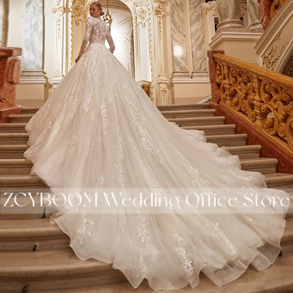 Exquisite High Neck Long Sleeves Wedding Dresses 2026 Princess Beading Tulle Appliques Chapel Train Bridal Gown Vestido De Novia