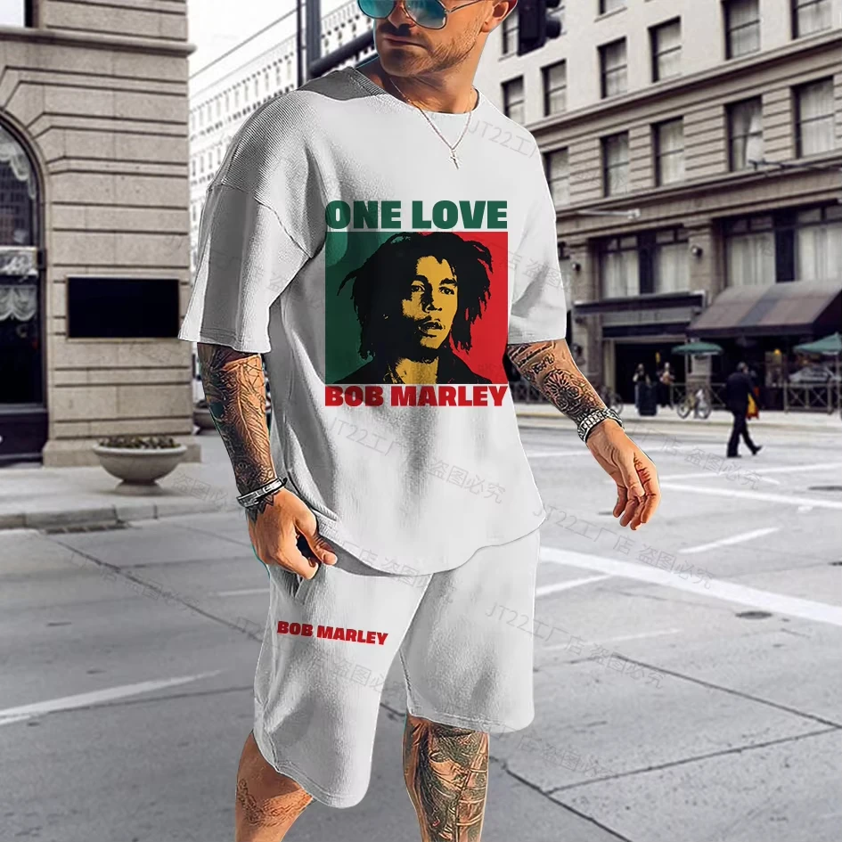 Fit Sommer Herrenbekleidung 3D-gedruckter Mann Bob Marley Bedruckte Kurzarm-Shorts Zweiteiliger Mann Lässige Mode Kurzarmanzug