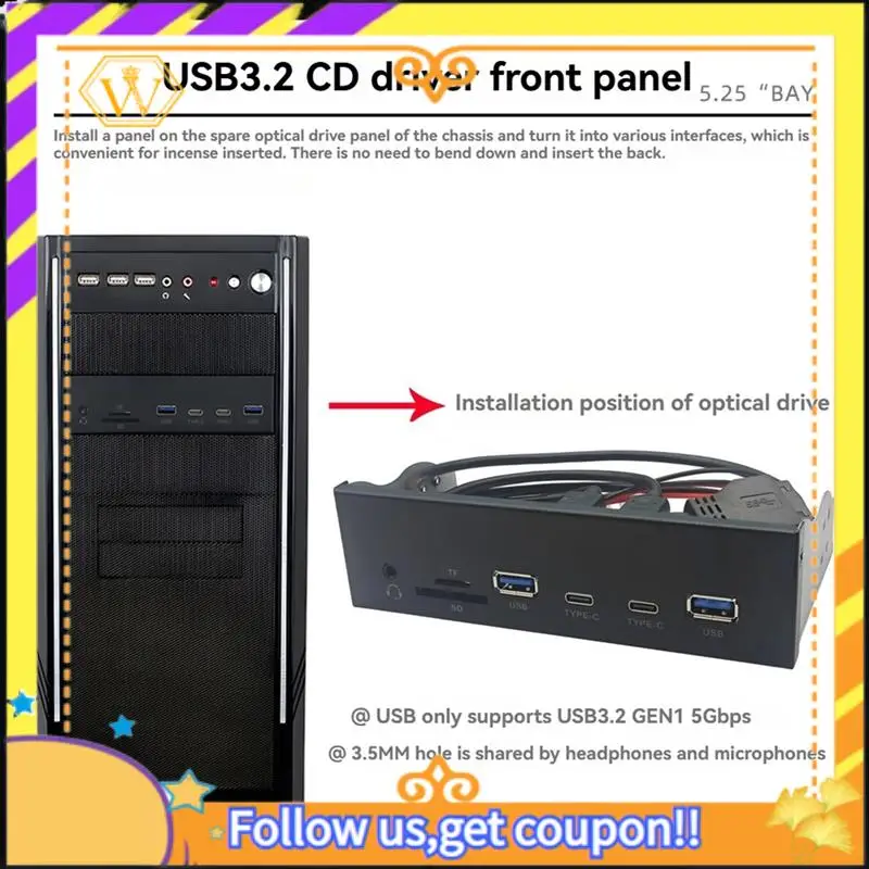 Latest-USB Front Panel For PC 2 X USB 3.2 GEN1 5Gbps + 2 X TYPE-C Hub + 3.5Mm Headset+ TF/SD Slot For 5.25Inch Floppy Drive Bay